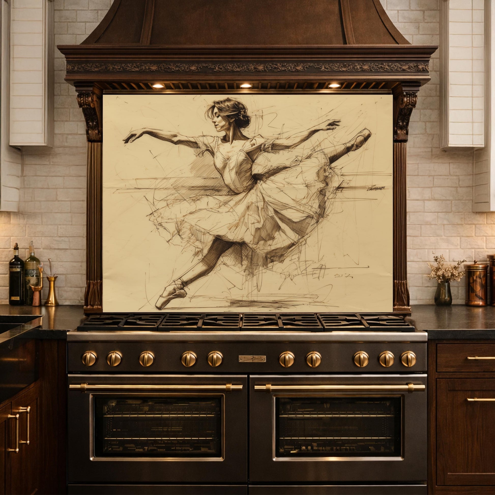 Ballerina Dance Sketch Tempered Glass Kitchen Backsplash, Modern Ballet Art Panel
