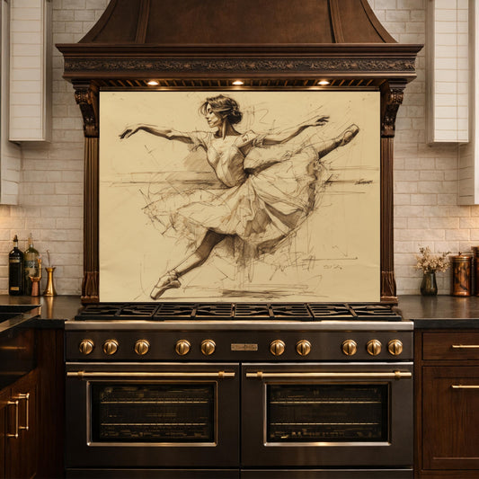 Ballerina Dance Sketch Tempered Glass Kitchen Backsplash, Modern Ballet Art Panel