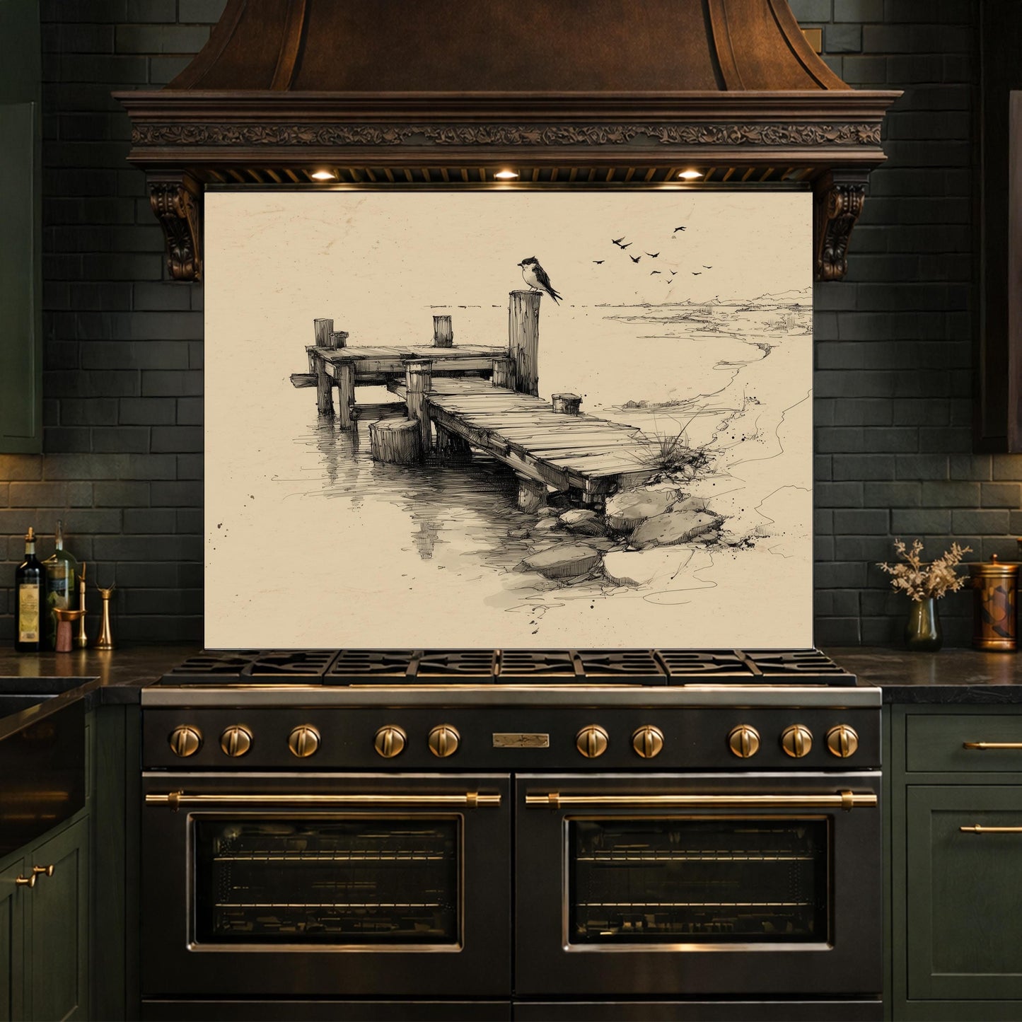 Serene Bird Pier Glass Backsplash, Tempered Glass Wall Art, Coastal Sketch Decor