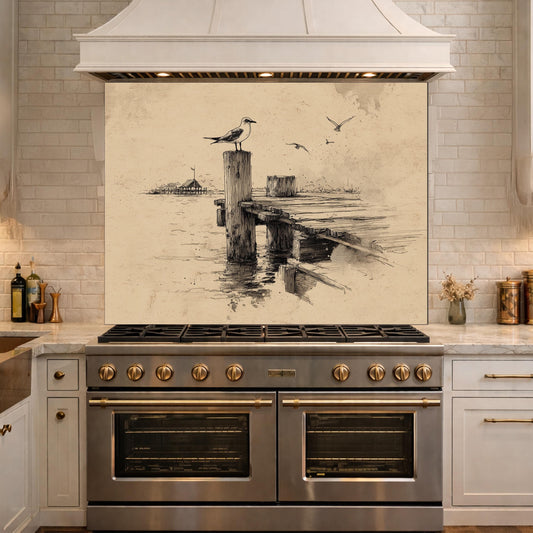 Vintage Pier Glass Backsplash, Tempered Glass Wall Art, Coastal Sketch Decor