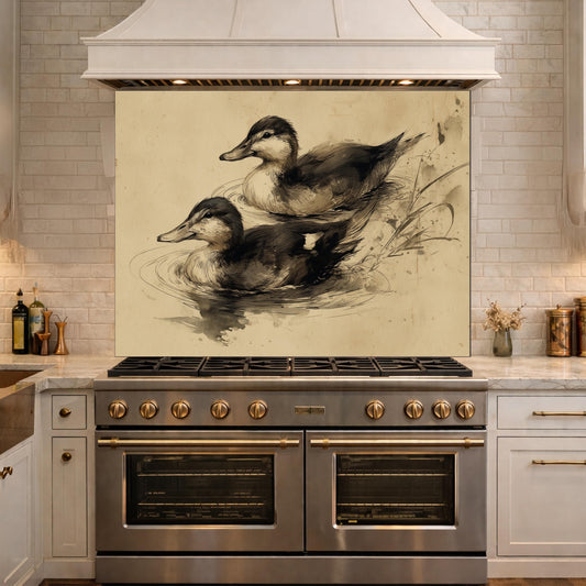 Vintage Duck Pond Kitchen Backsplash, Tempered Glass Wall Art, Nature Sketch Decor