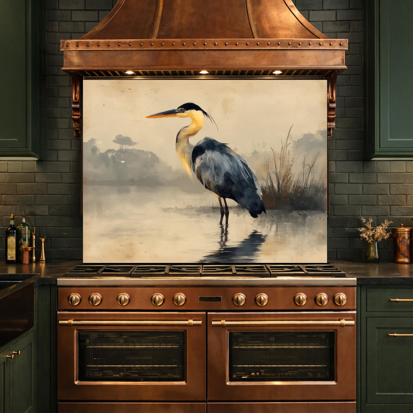 Serene Heron Kitchen Backsplash, Tempered Glass Wall Art, Coastal Nature Decor