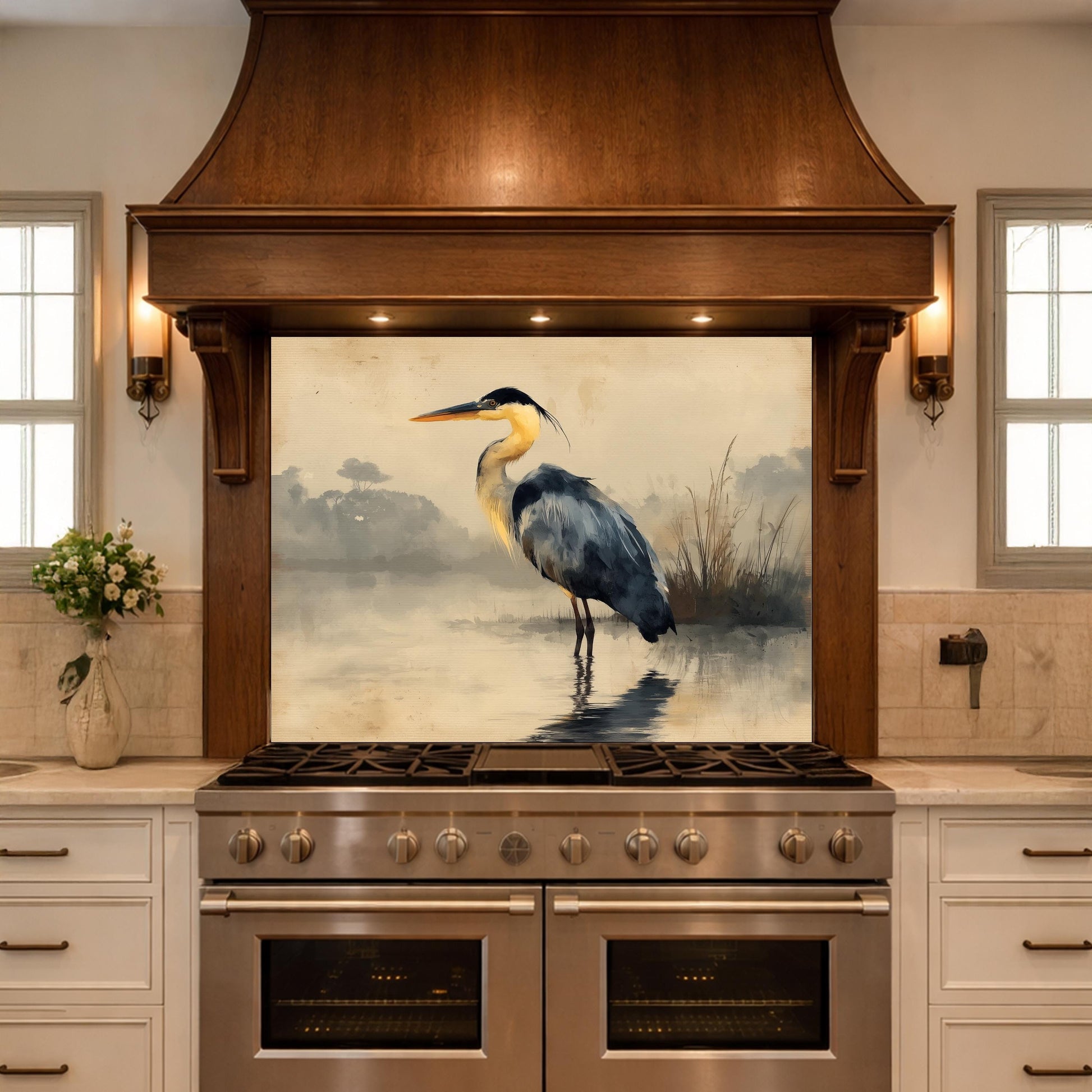 Serene Heron Kitchen Backsplash, Tempered Glass Wall Art, Coastal Nature Decor
