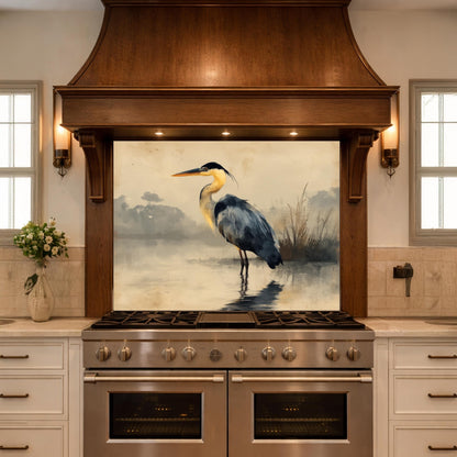 Serene Heron Kitchen Backsplash, Tempered Glass Wall Art, Coastal Nature Decor