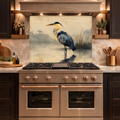 Serene Heron Kitchen Backsplash, Tempered Glass Wall Art, Coastal Nature Decor