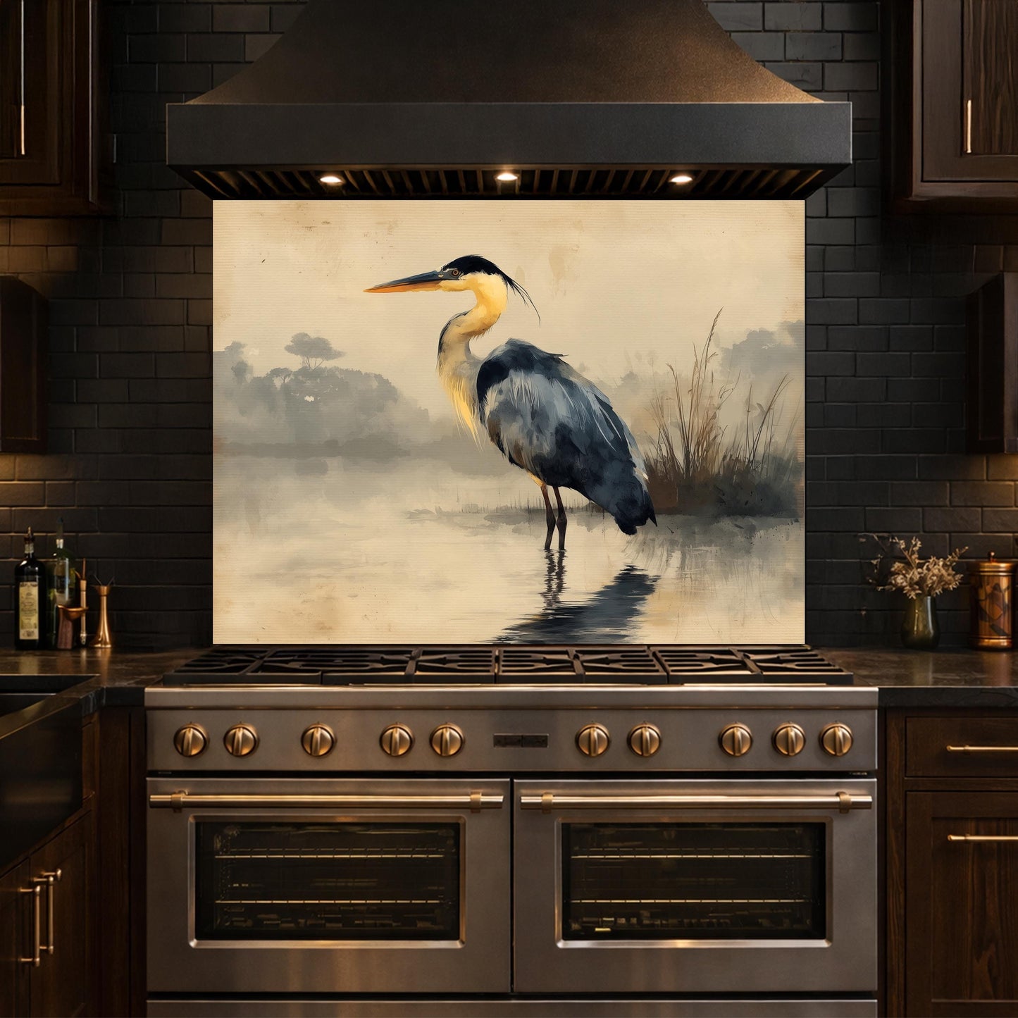 Serene Heron Kitchen Backsplash, Tempered Glass Wall Art, Coastal Nature Decor