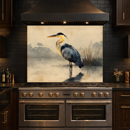 Serene Heron Kitchen Backsplash, Tempered Glass Wall Art, Coastal Nature Decor