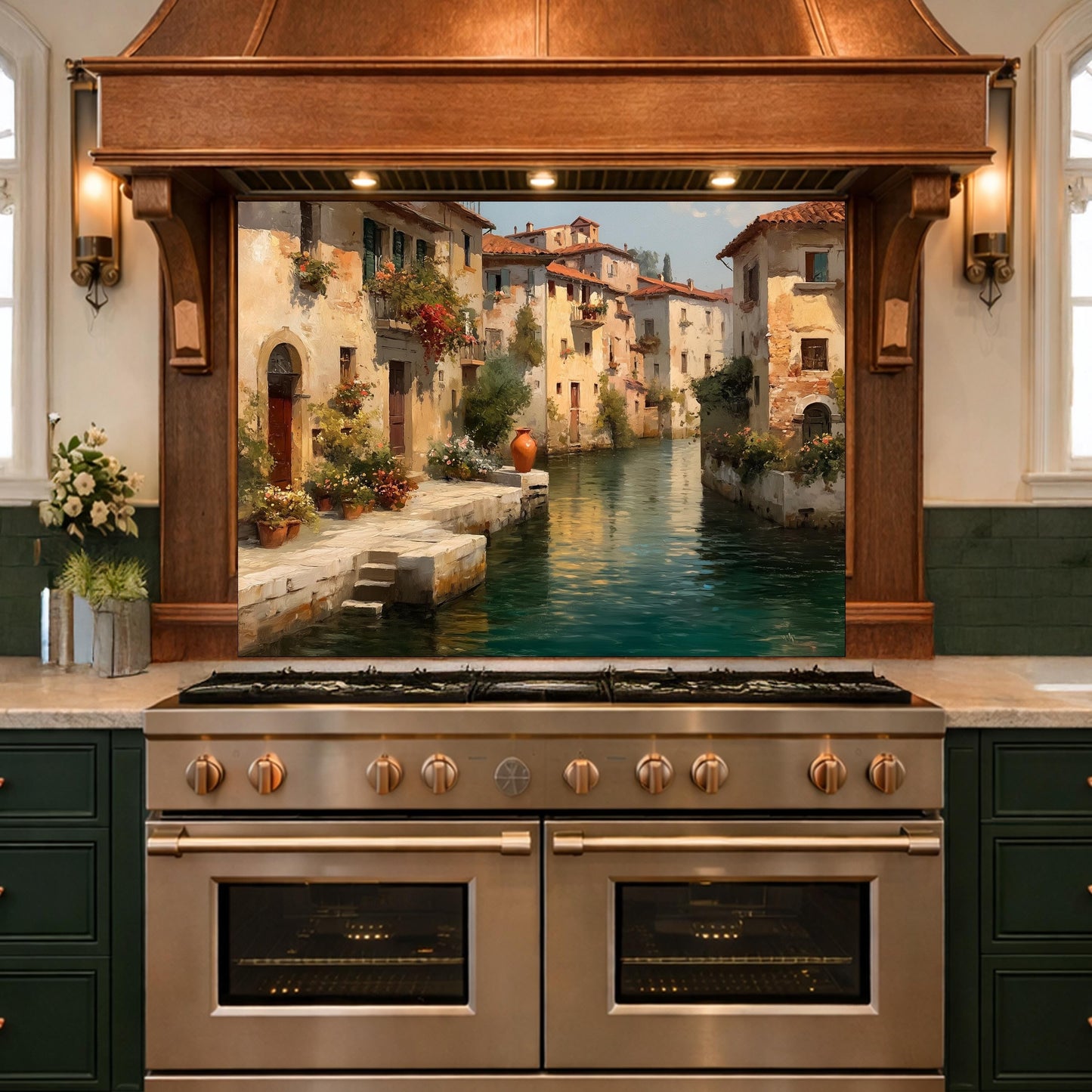 Rustic European Village Kitchen Backsplash, Tempered Glass Wall Art, Scenic Landscape Decor