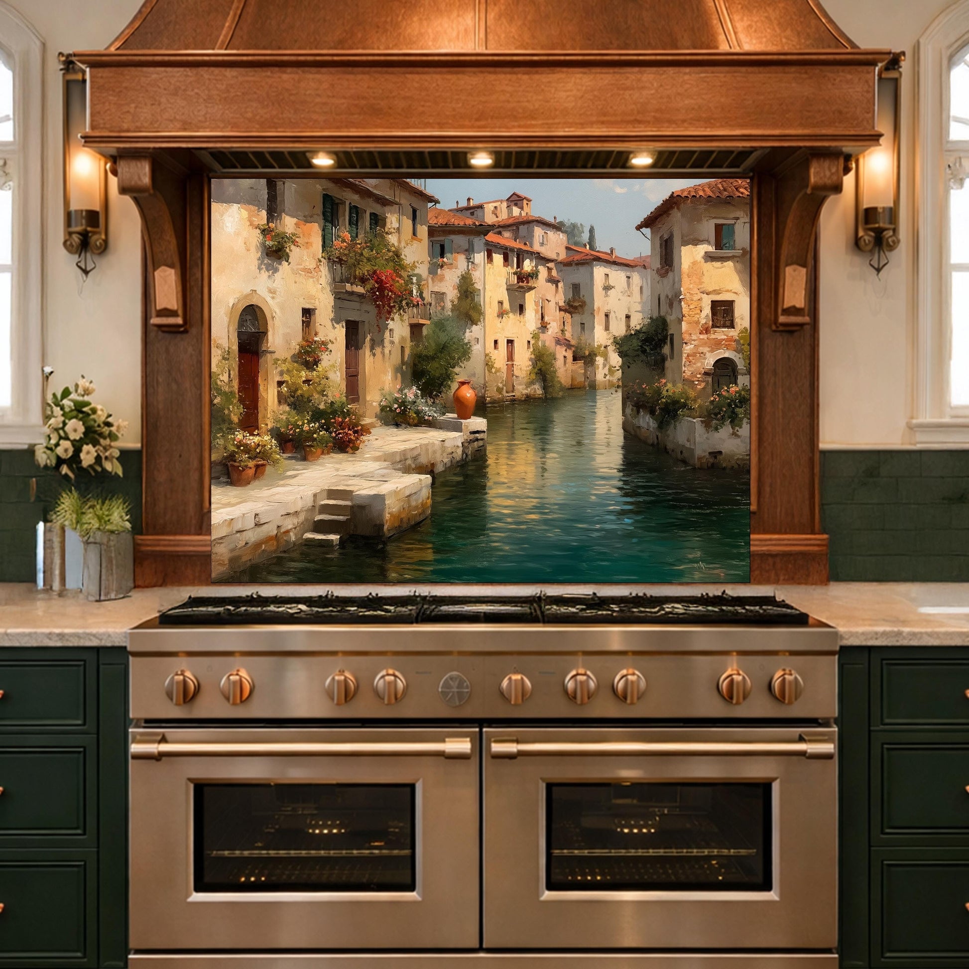 Rustic European Village Kitchen Backsplash, Tempered Glass Wall Art, Scenic Landscape Decor