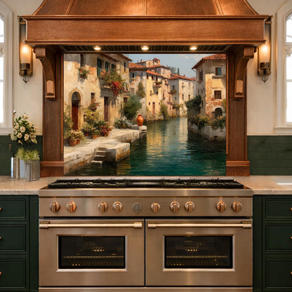 Rustic European Village Kitchen Backsplash, Tempered Glass Wall Art, Scenic Landscape Decor
