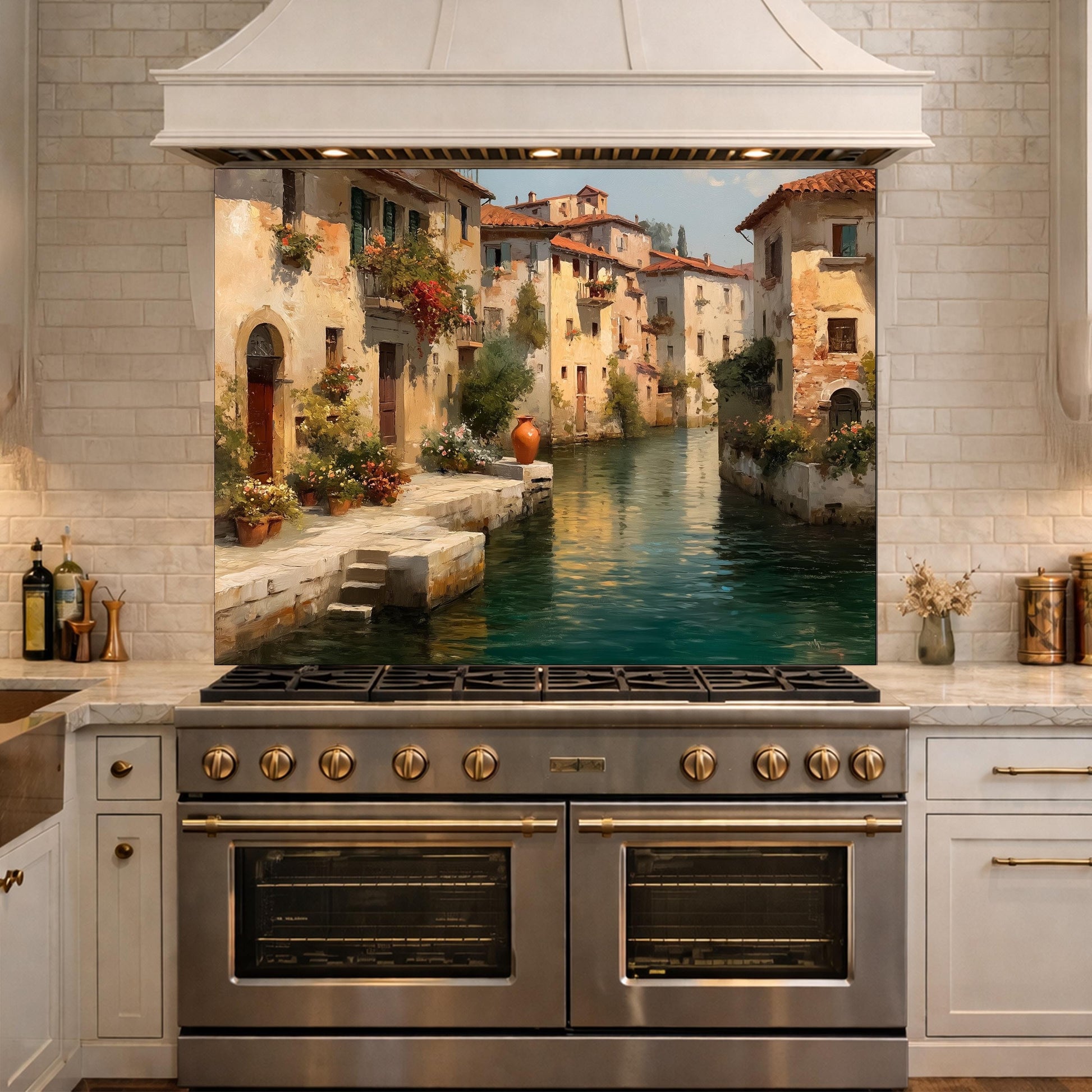 Rustic European Village Kitchen Backsplash, Tempered Glass Wall Art, Scenic Landscape Decor
