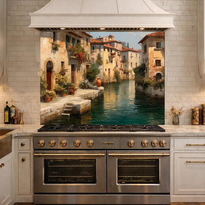 Rustic European Village Kitchen Backsplash, Tempered Glass Wall Art, Scenic Landscape Decor