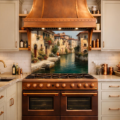 Rustic European Village Kitchen Backsplash, Tempered Glass Wall Art, Scenic Landscape Decor