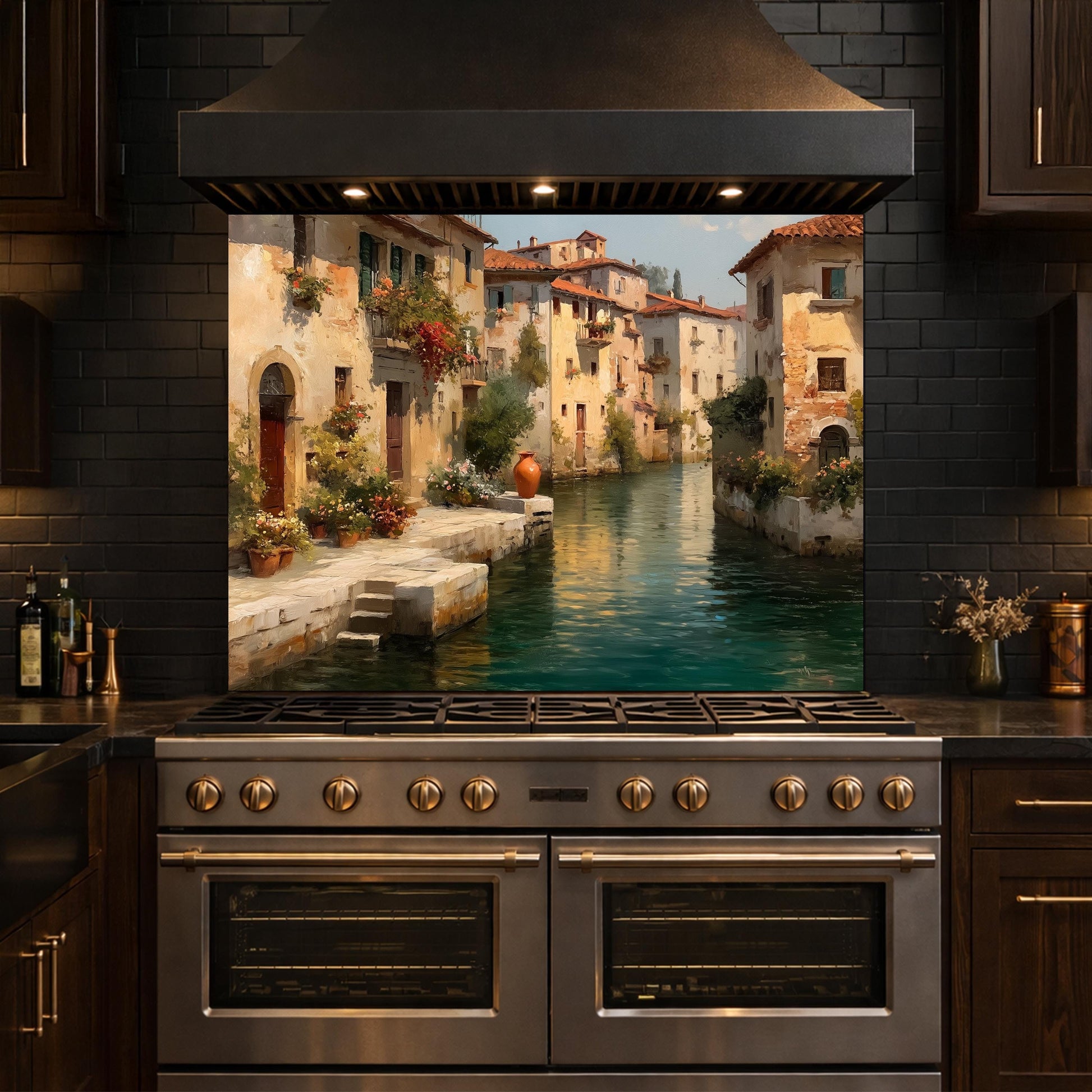 Rustic European Village Kitchen Backsplash, Tempered Glass Wall Art, Scenic Landscape Decor