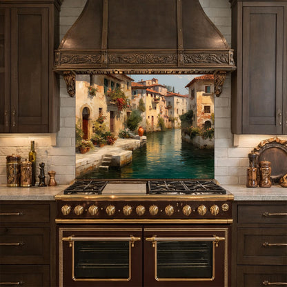 Rustic European Village Kitchen Backsplash, Tempered Glass Wall Art, Scenic Landscape Decor