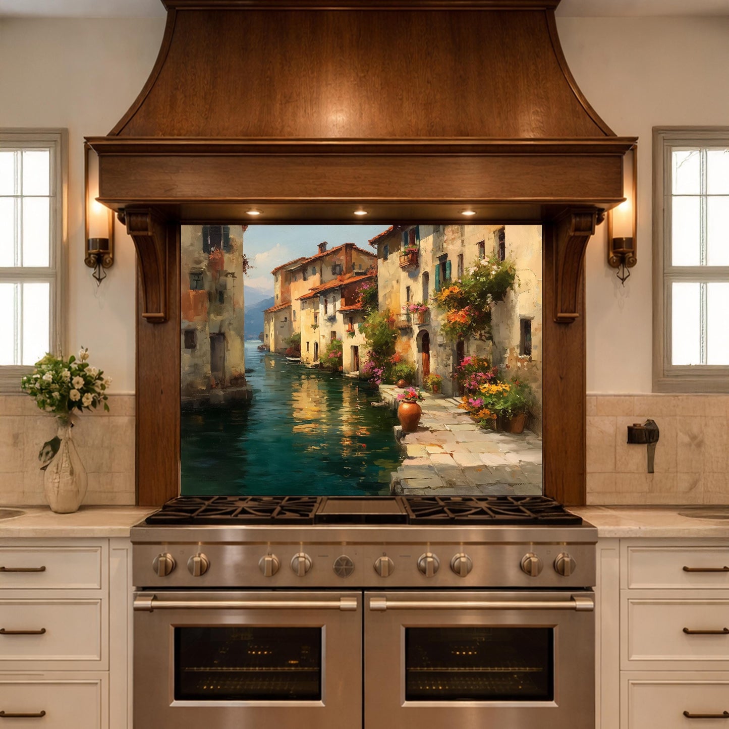 Italian Canal Village Painting, Tempered Glass Backsplash, Rustic Mediterranean Kitchen Decor