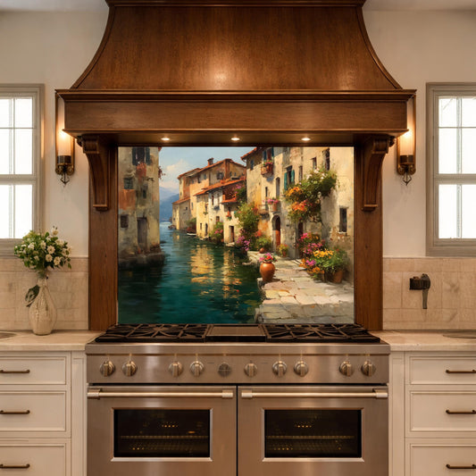 Italian Canal Village Painting, Tempered Glass Backsplash, Rustic Mediterranean Kitchen Decor