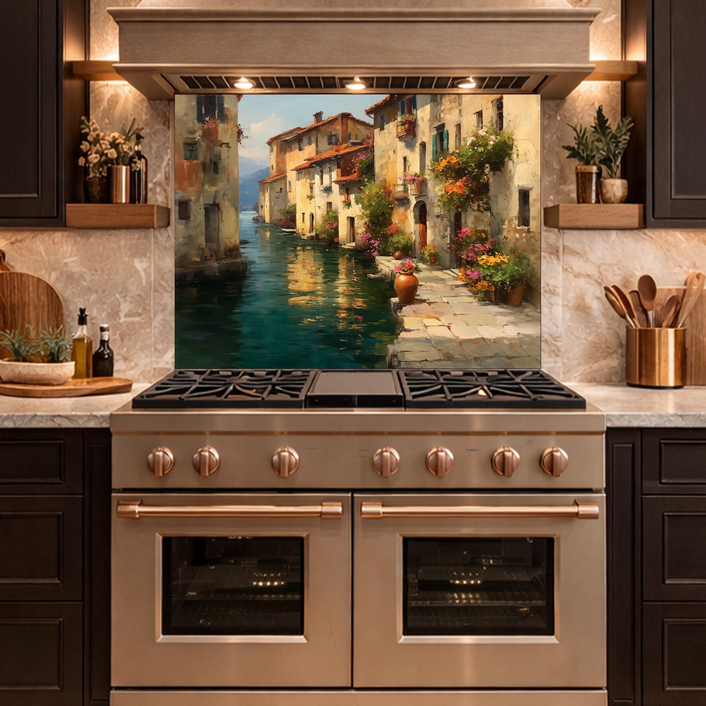 Italian Canal Village Painting, Tempered Glass Backsplash, Rustic Mediterranean Kitchen Decor