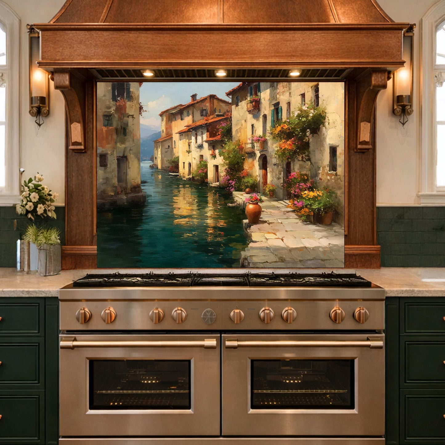 Italian Canal Village Painting, Tempered Glass Backsplash, Rustic Mediterranean Kitchen Decor