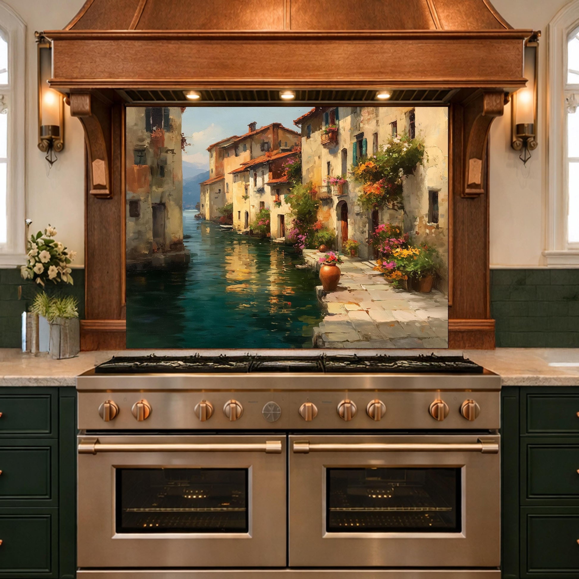 Italian Canal Village Painting, Tempered Glass Backsplash, Rustic Mediterranean Kitchen Decor