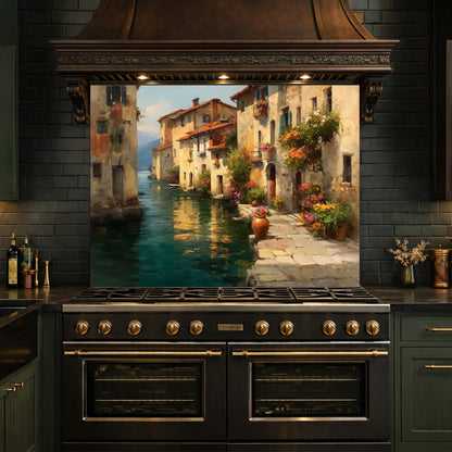 Italian Canal Village Painting, Tempered Glass Backsplash, Rustic Mediterranean Kitchen Decor