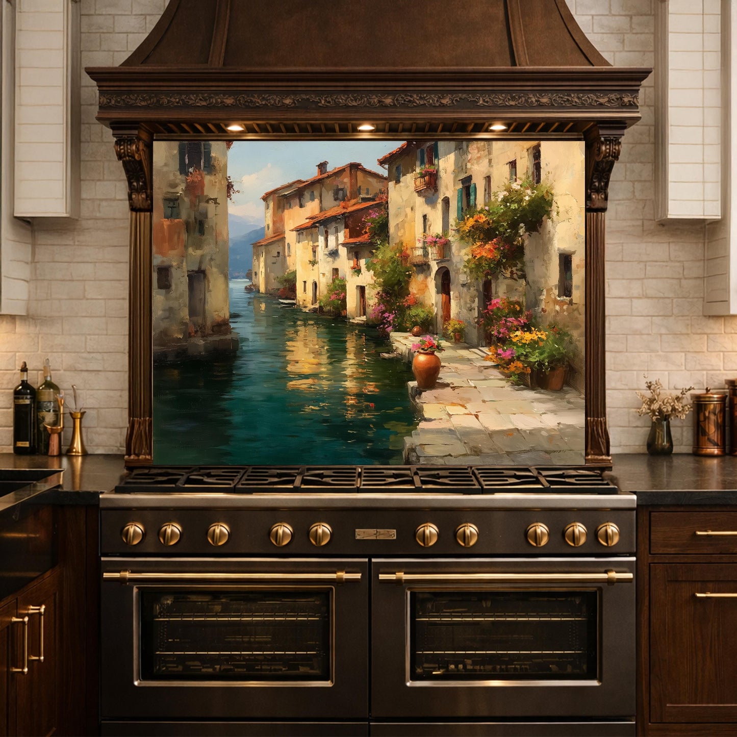 Italian Canal Village Painting, Tempered Glass Backsplash, Rustic Mediterranean Kitchen Decor