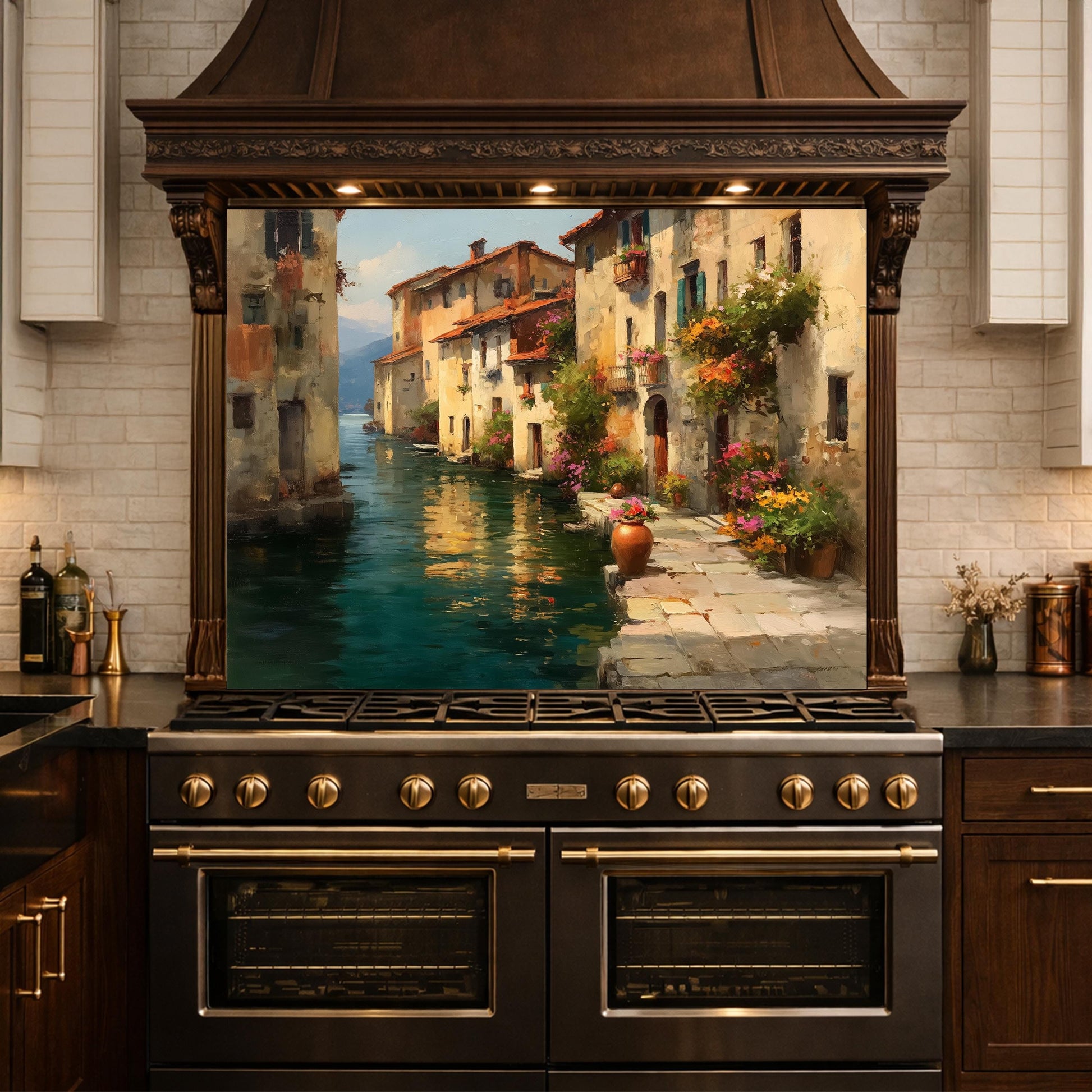 Italian Canal Village Painting, Tempered Glass Backsplash, Rustic Mediterranean Kitchen Decor