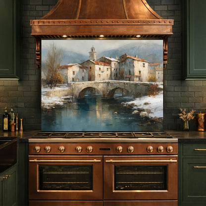 Mediterranean Village Canal Glass Backsplash, Tempered Kitchen Wall Art, European Street Decor
