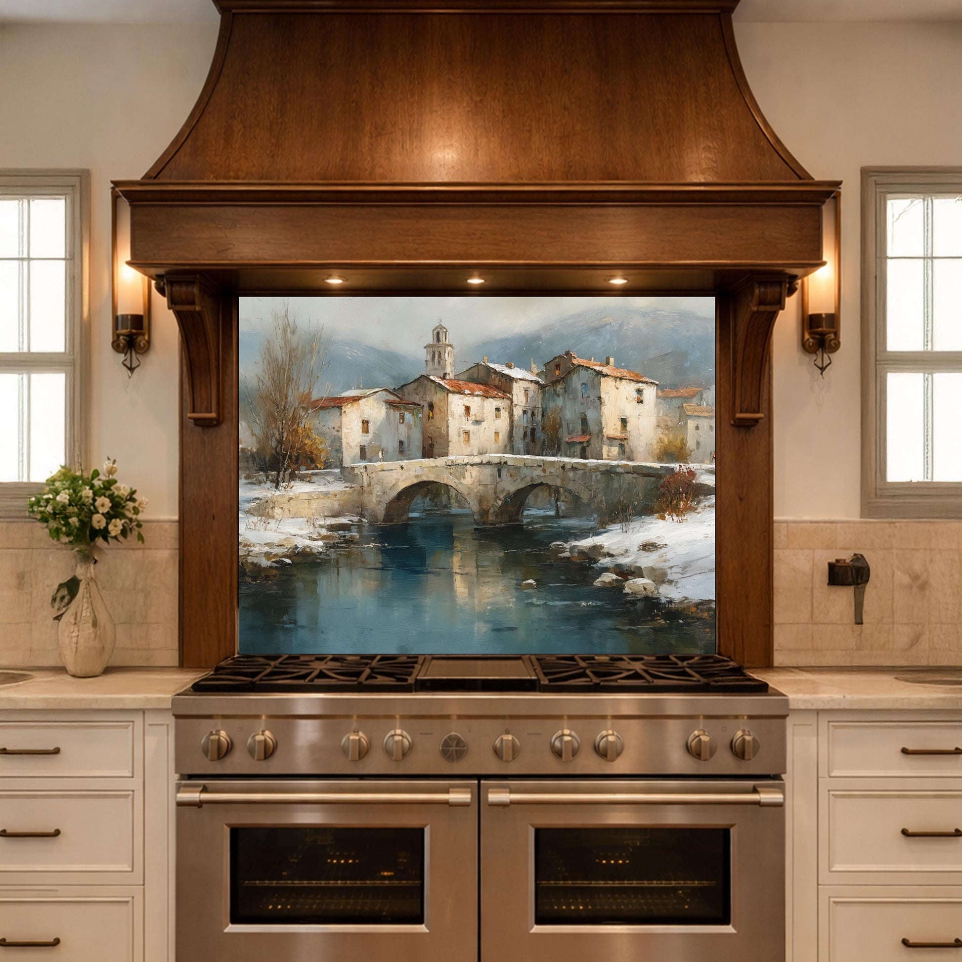 Mediterranean Village Canal Glass Backsplash, Tempered Kitchen Wall Art, European Street Decor