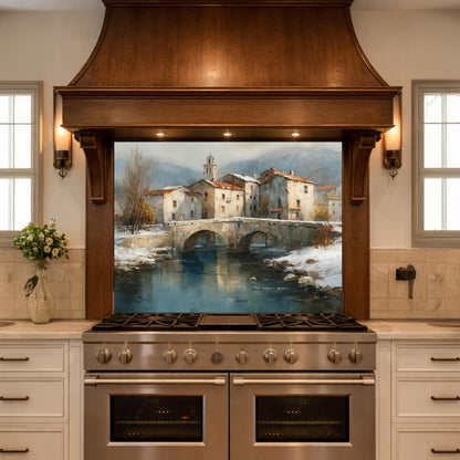Mediterranean Village Canal Glass Backsplash, Tempered Kitchen Wall Art, European Street Decor