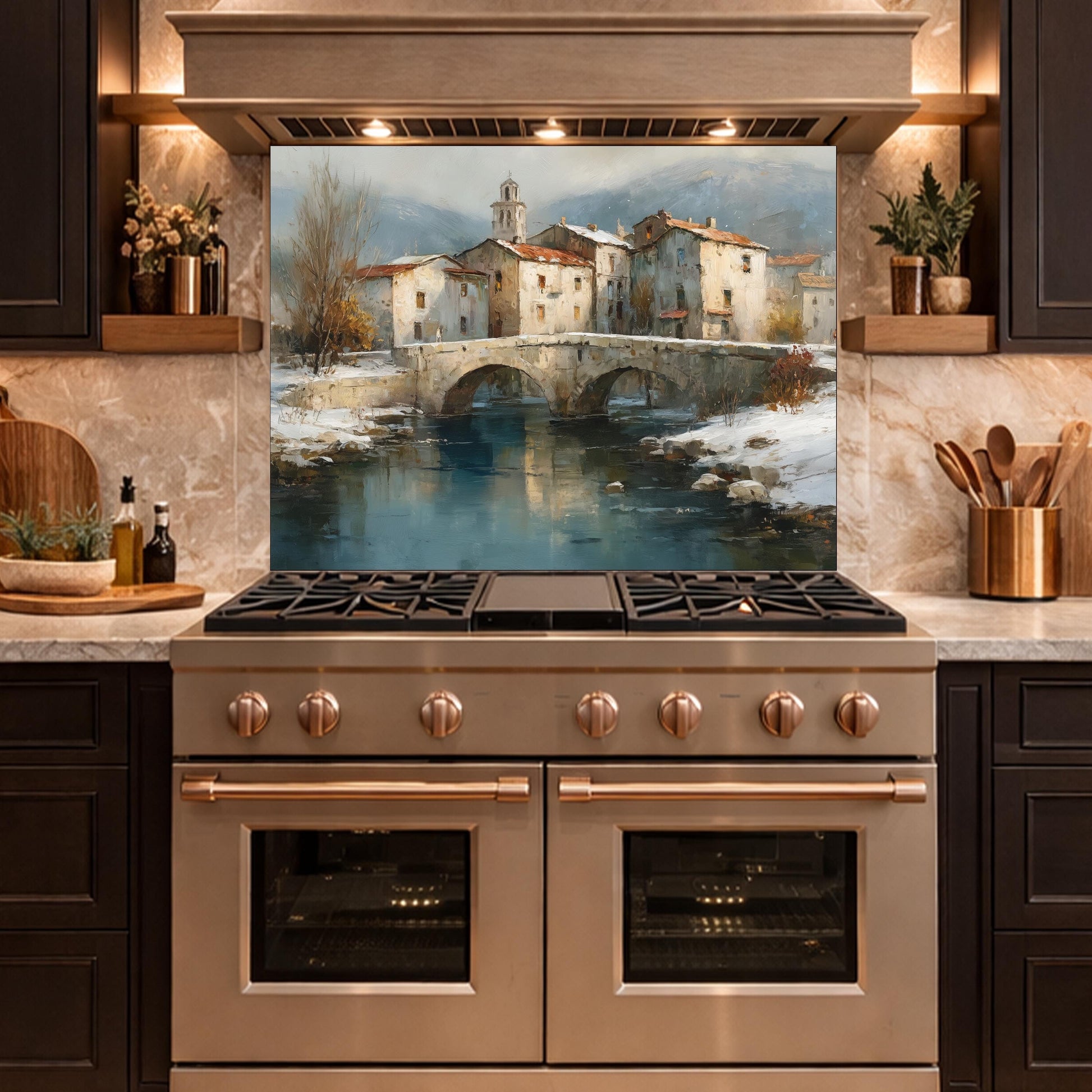 Mediterranean Village Canal Glass Backsplash, Tempered Kitchen Wall Art, European Street Decor