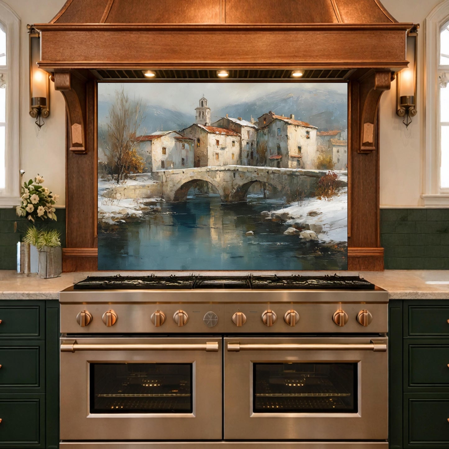 Mediterranean Village Canal Glass Backsplash, Tempered Kitchen Wall Art, European Street Decor