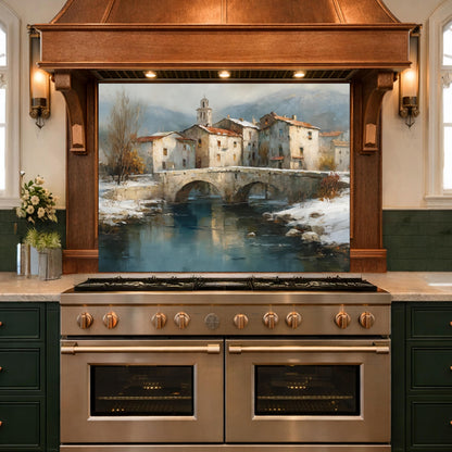 Mediterranean Village Canal Glass Backsplash, Tempered Kitchen Wall Art, European Street Decor