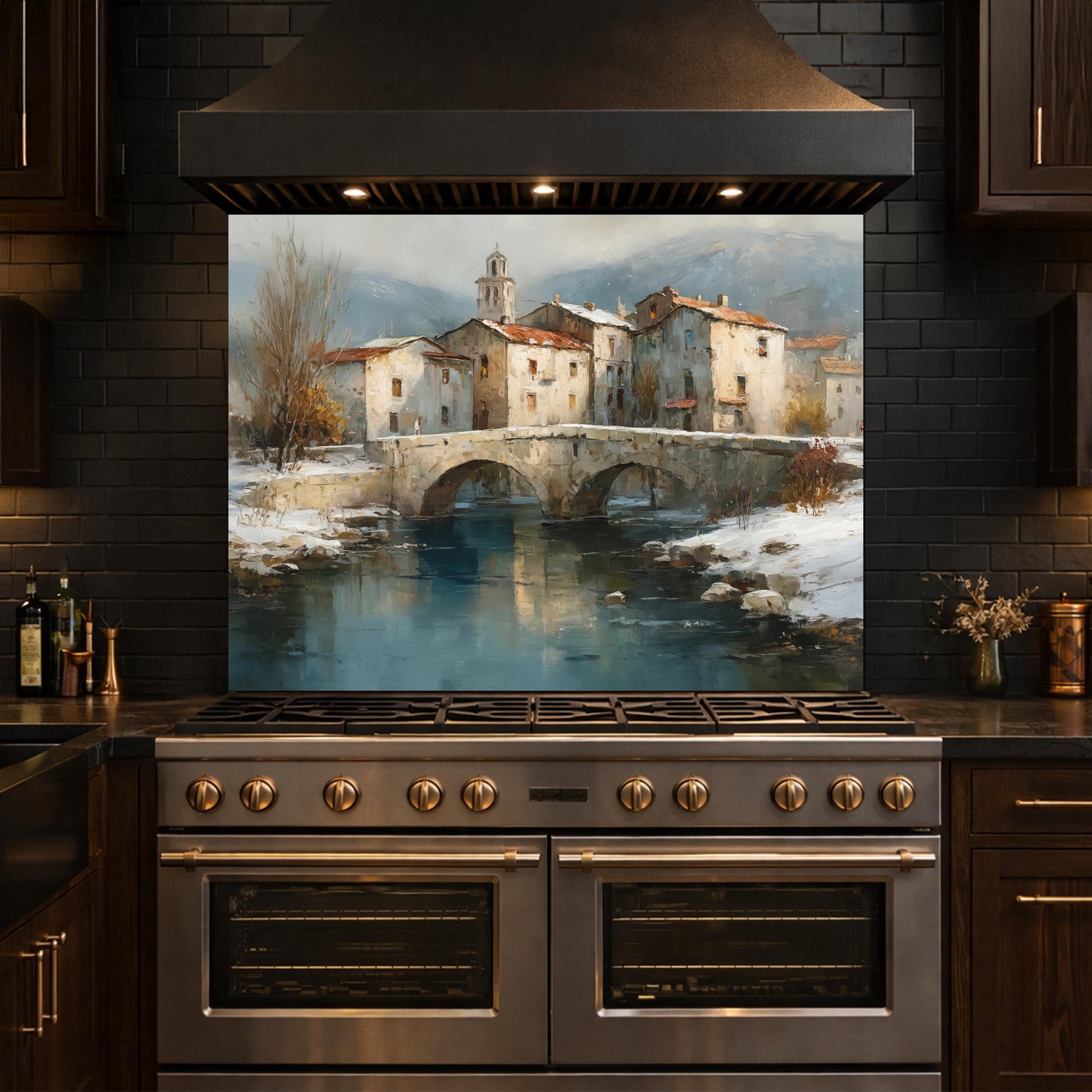 Mediterranean Village Canal Glass Backsplash, Tempered Kitchen Wall Art, European Street Decor