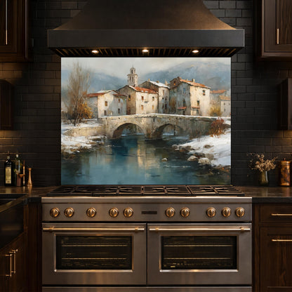 Mediterranean Village Canal Glass Backsplash, Tempered Kitchen Wall Art, European Street Decor