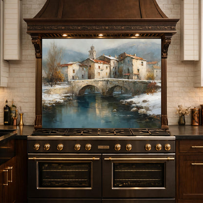 Mediterranean Village Canal Glass Backsplash, Tempered Kitchen Wall Art, European Street Decor