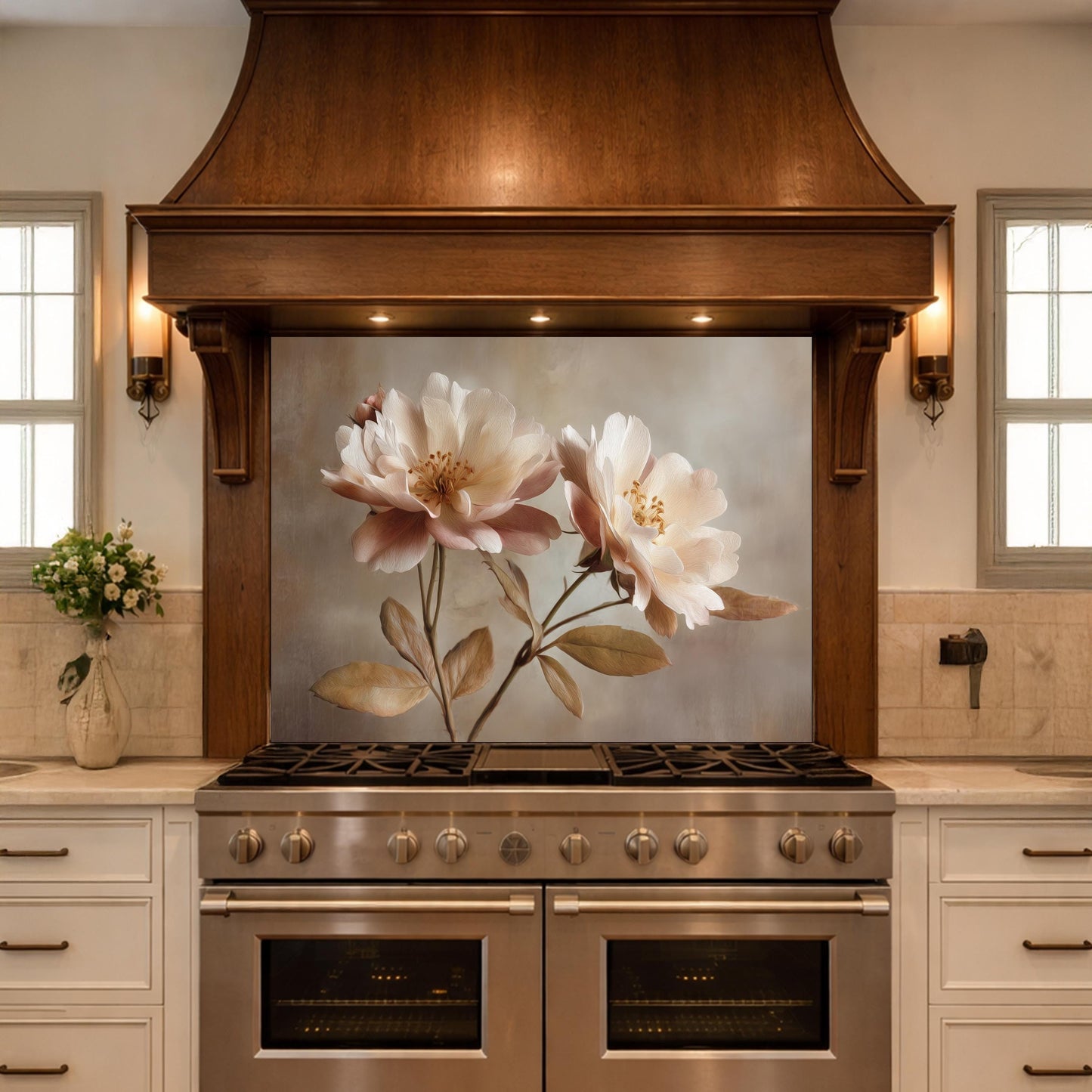 Neutral Peony Glass Kitchen Backsplash – Farmhouse Botanical Wall Art
