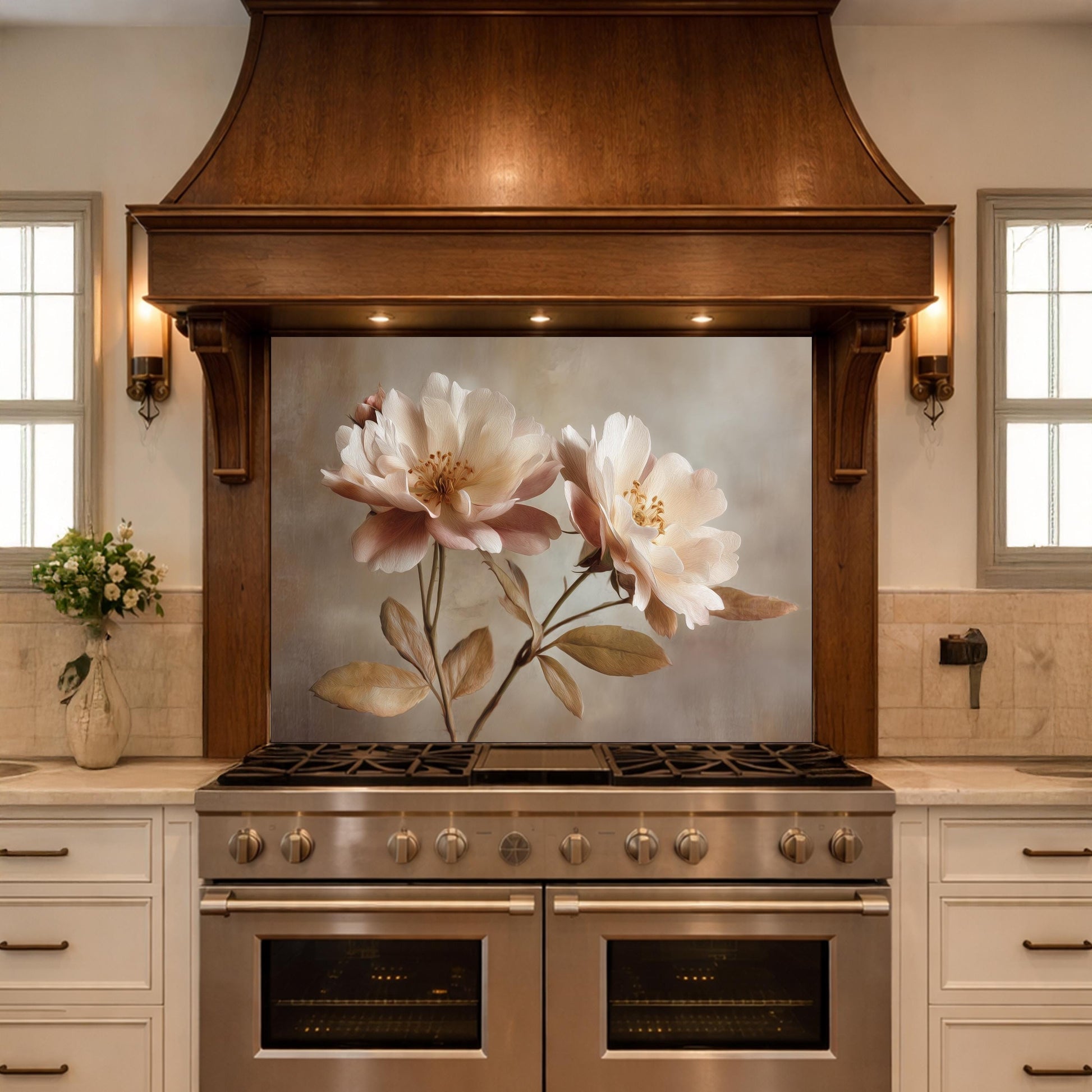 Neutral Peony Glass Kitchen Backsplash – Farmhouse Botanical Wall Art