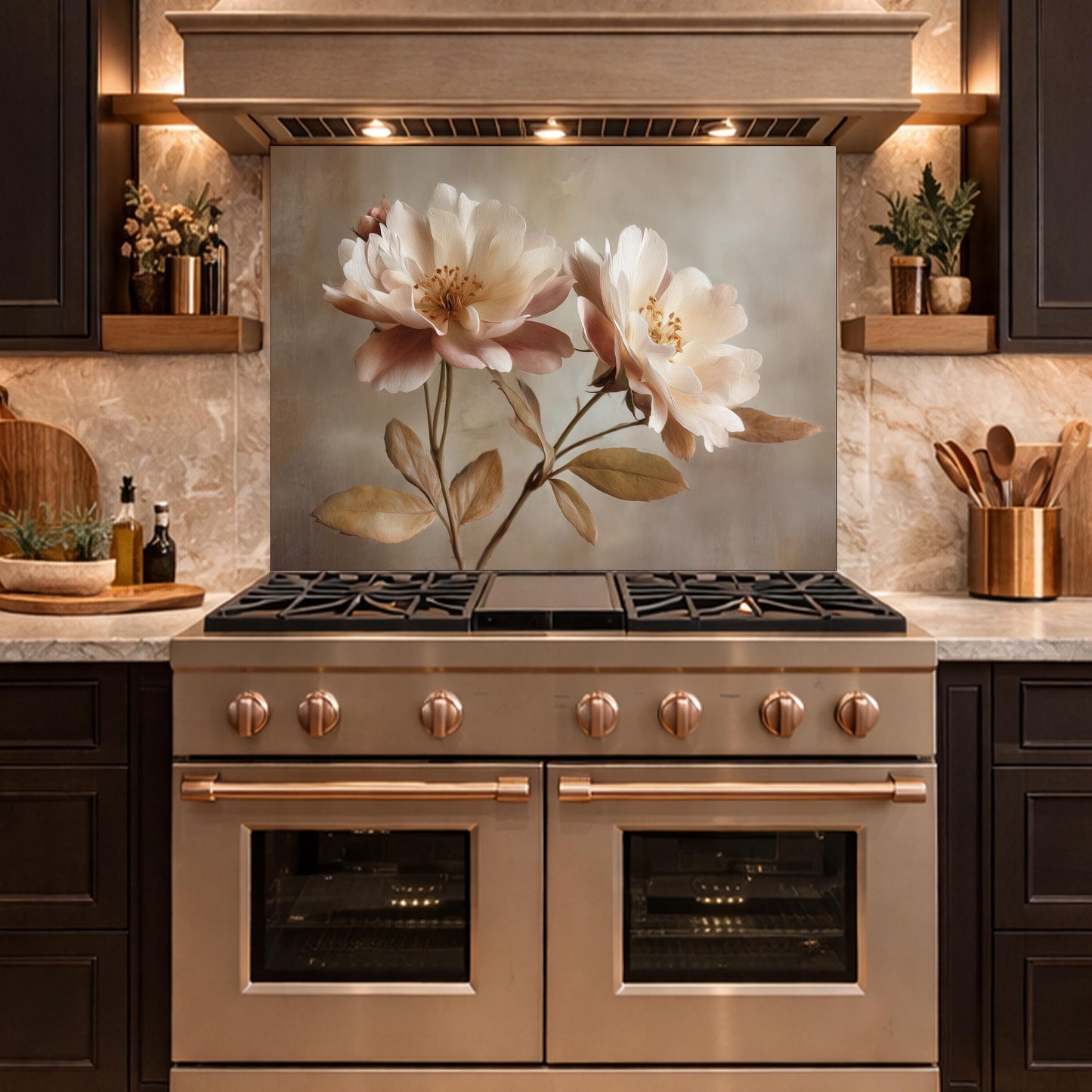 Neutral Peony Glass Kitchen Backsplash – Farmhouse Botanical Wall Art