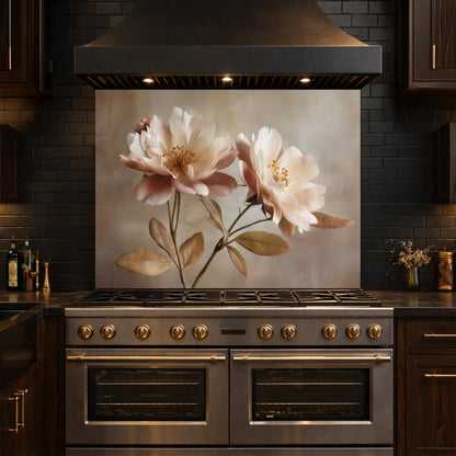Neutral Peony Glass Kitchen Backsplash – Farmhouse Botanical Wall Art
