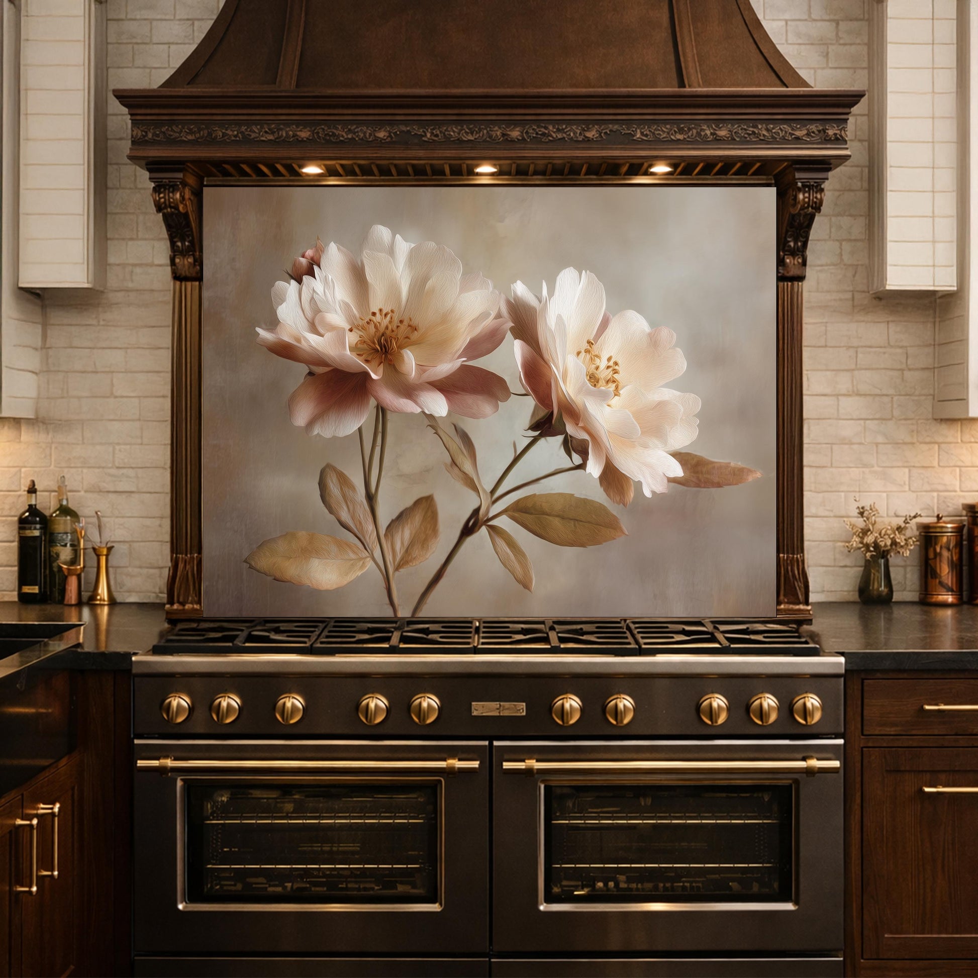 Neutral Peony Glass Kitchen Backsplash – Farmhouse Botanical Wall Art