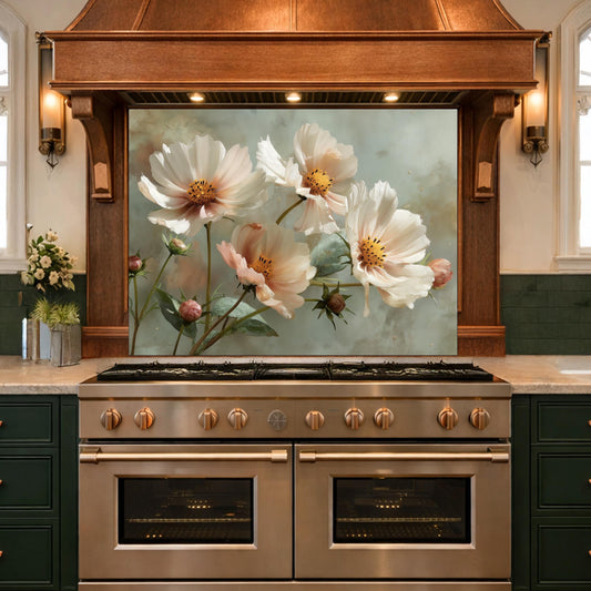 Tempered Glass Kitchen Backsplash: White Cosmos Floral Botanical Art – Cottage Decor