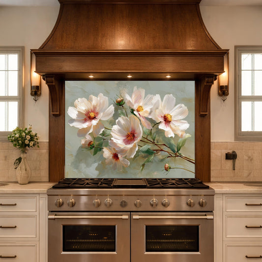 White Cosmos Floral Glass Kitchen Backsplash – Cottagecore Botanical Stove Decor