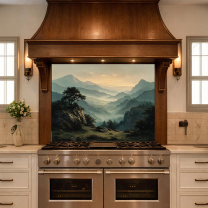 Misty Mountain Landscape Glass Kitchen Backsplash – Scenic Stove Wall Decor