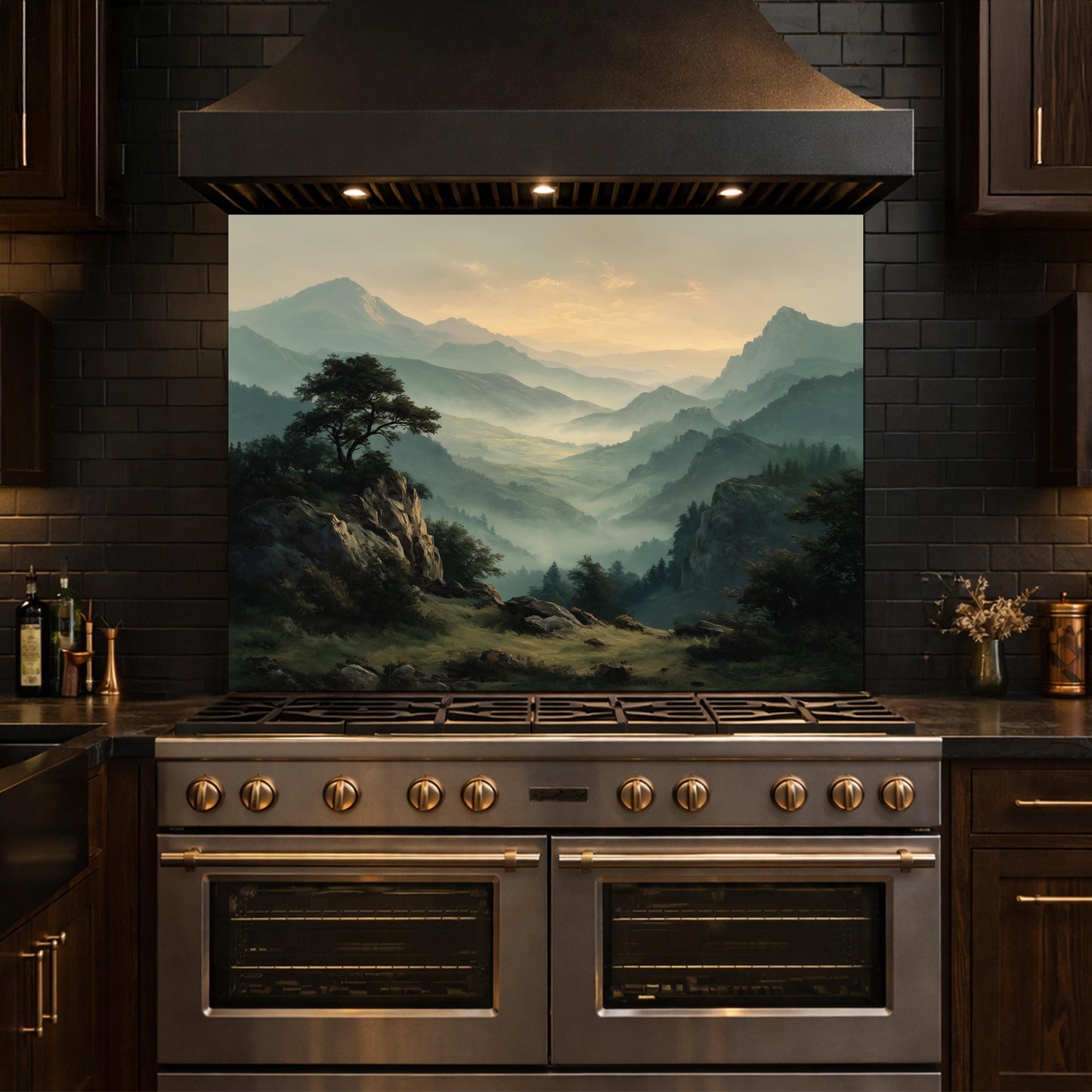 Misty Mountain Landscape Glass Kitchen Backsplash – Scenic Stove Wall Decor