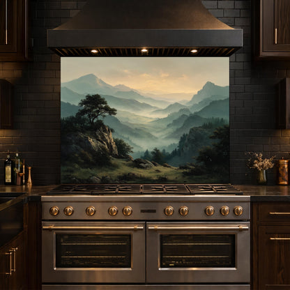 Misty Mountain Landscape Glass Kitchen Backsplash – Scenic Stove Wall Decor