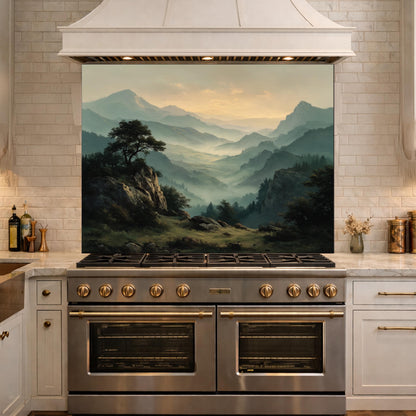 Misty Mountain Landscape Glass Kitchen Backsplash – Scenic Stove Wall Decor