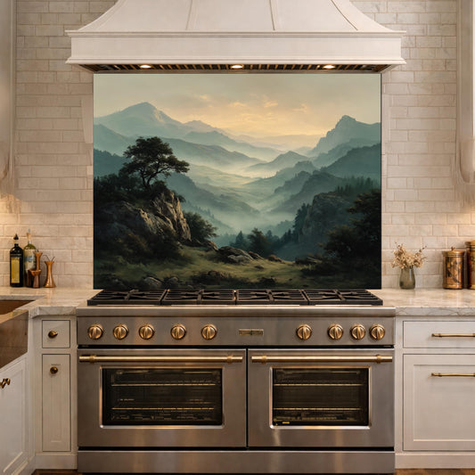 Misty Mountain Landscape Glass Kitchen Backsplash – Scenic Stove Wall Decor