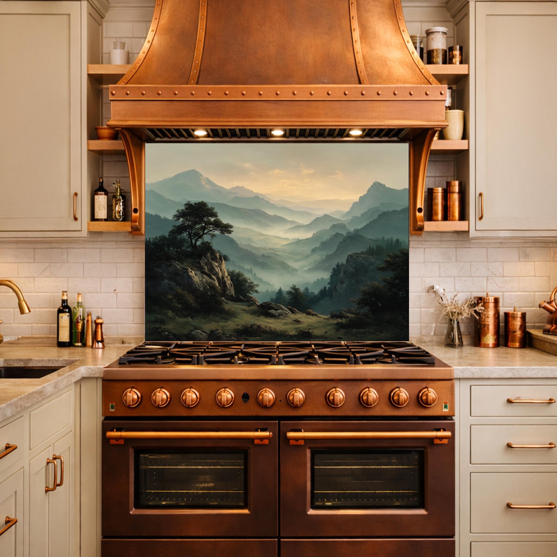 Misty Mountain Landscape Glass Kitchen Backsplash – Scenic Stove Wall Decor