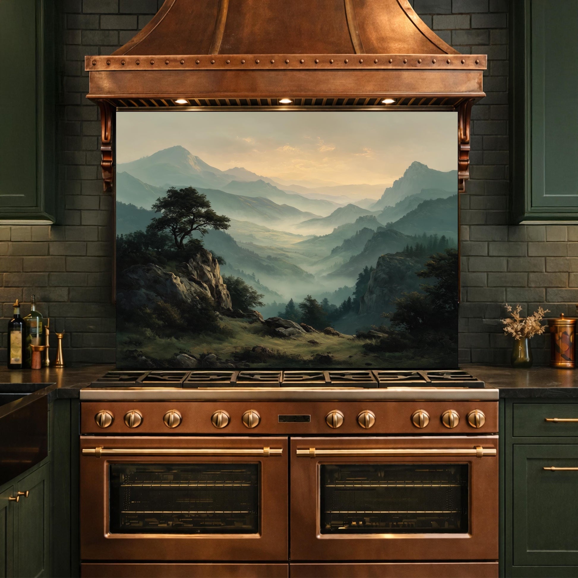 Misty Mountain Landscape Glass Kitchen Backsplash – Scenic Stove Wall Decor